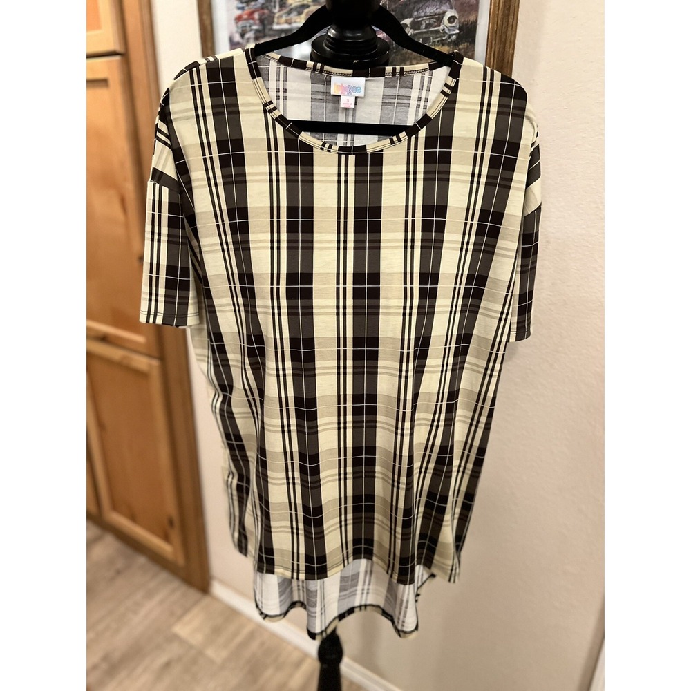 LuLaRoe Irma Brown tan plaid Womens Size Small‎